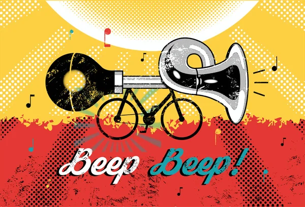 Funny retro grunge poster "Beep Beep!" Bike with klaxon. Vector illustration. — Stock Vector