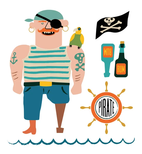 Cartoon Piraten Vektor Set. Pirat mit Papagei auf der Schulter, Fahne mit Totenkopf und Knochen, Rum-Flaschen und Lenkrad. — Stockvektor