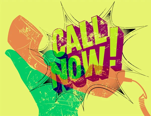 Bel nu! Typografische grunge retro poster. Hand houdt een telefoonhoorn. Vectorillustratie. — Stockvector