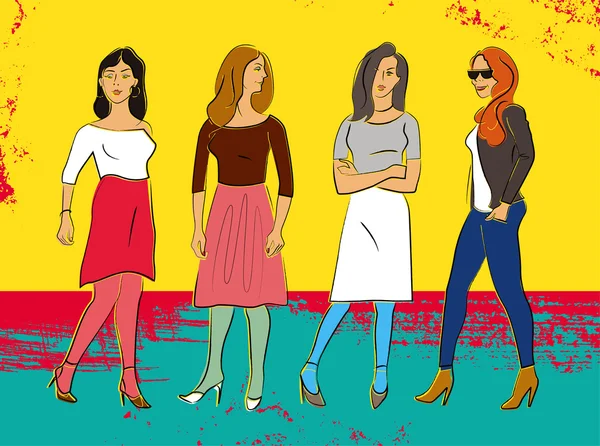 Vier mooie mode meisjes. Kleurrijke poster in grunge stijl. Vectorillustratie. — Stockvector
