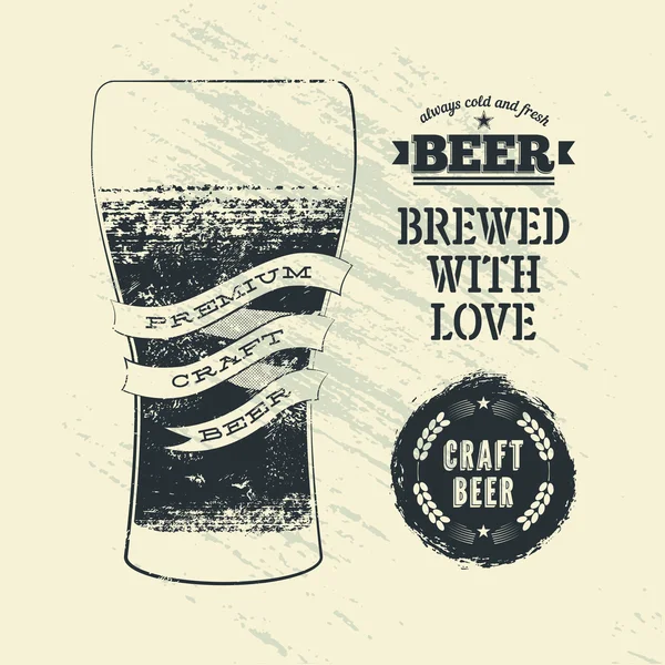 Typografie Vintage Grunge Bier Poster mit Glas Bier. Vektorillustration. — Stockvektor