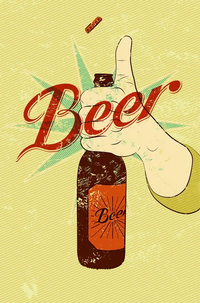 Vintage grunge style beer poster. Hand hold a bottle of beer. Retro vector illustration. — Stock Vector