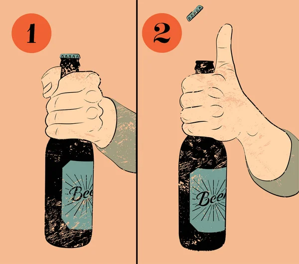 老式的 grunge 风格啤酒海报。开放的幽默海报指令一瓶啤酒。手执一瓶啤酒。矢量图. — 图库矢量图片