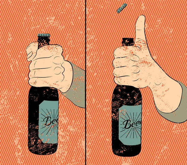 Manifesto di birra in stile grunge vintage. Istruzioni poster divertente per aprire una bottiglia di birra. Tieni in mano una bottiglia di birra. Illustrazione vettoriale . — Vettoriale Stock