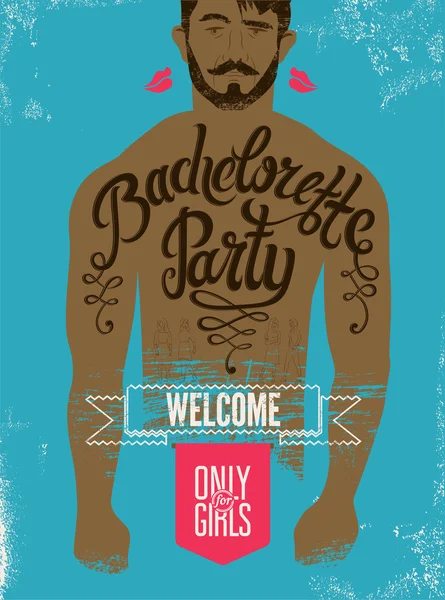 Calligraphic poster for bachelorette party with a tattoo on a man's body. Vector illustration. — Stock Vector