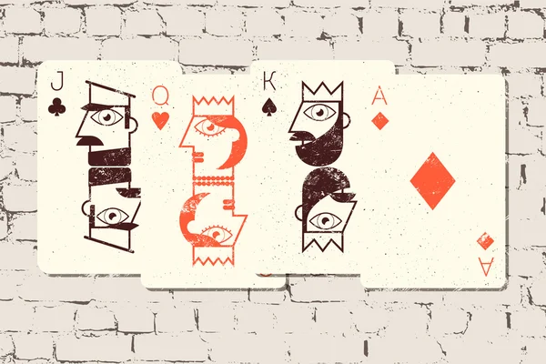 Jack, Queen, King and Ace. Stylized playing cards in grunge style on the brick wall background. Vector illustration. — Stock Vector