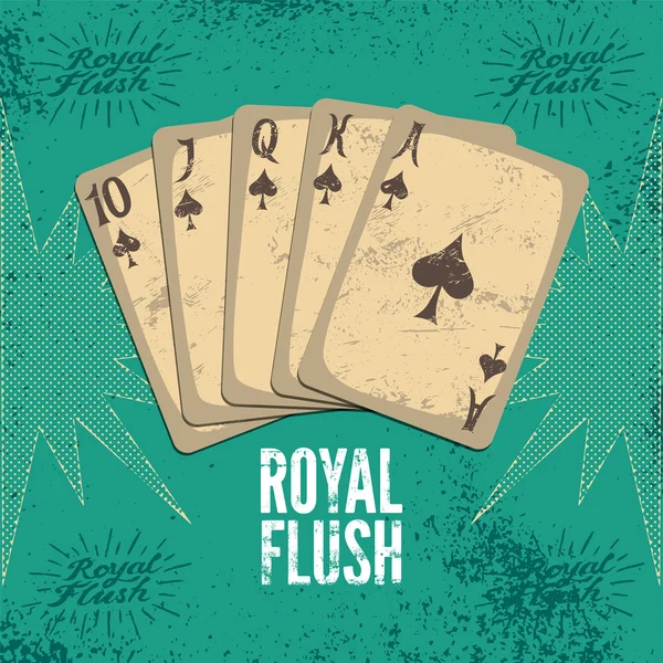 Vintage grunge style casino poster with playing cards. Royal flush in spades. Retro vector illustration. — Stock Vector