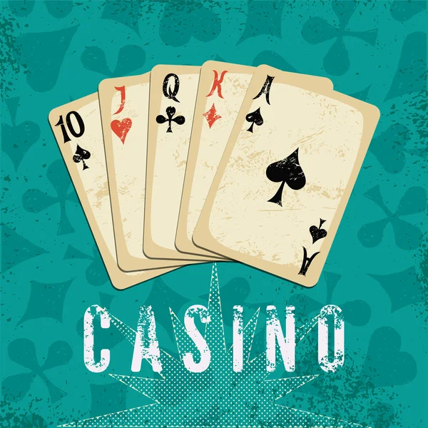 Vintage grunge style casino poster with playing cards. Retro vector illustration. — Stock Vector