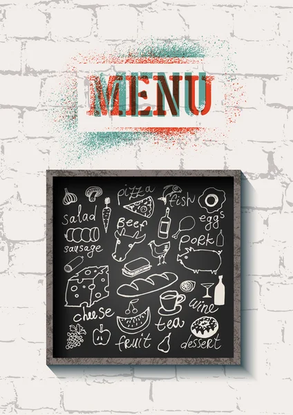Diseño de menú de comida del restaurante en el fondo de la pared de ladrillo. Conjunto de alimentos dibujados a mano en pizarra. Ilustración vectorial . — Vector de stock