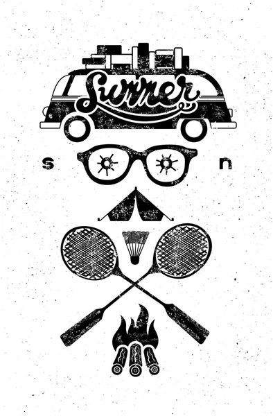 Summer soon. Typographic retro grunge poster. Black-white set of typography design elements for tourism. Vector illustration. — Stock Vector