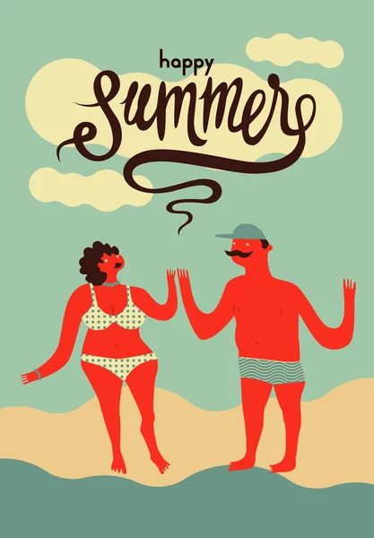 Feliz verano. Cartel caligráfico retro con pareja de dibujos animados. Ilustración vectorial . — Archivo Imágenes Vectoriales