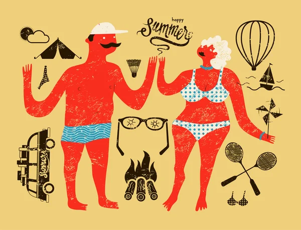 Mutlu yaz. Tipografik retro grunge posteri çizgi film çift. Tipografi turizm tasarım öğeleri kümesi. Vektör çizim.