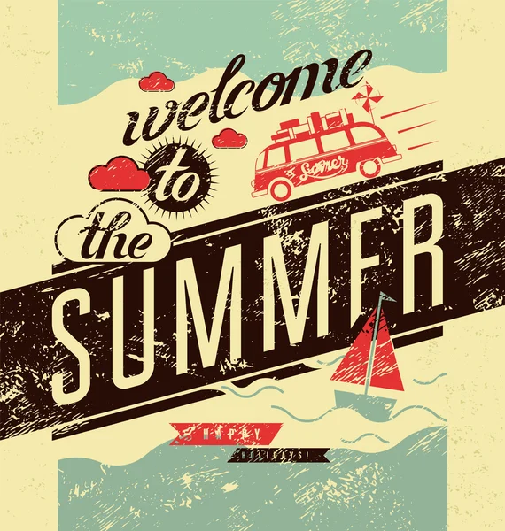 Willkommen im Sommer. Typografisches Retro-Grunge-Poster. Vektorillustration. — Stockvektor