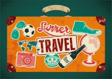 Tipografik retro grunge seyahat poster. Vintage tasarım eski etiketleri çantayla. Vektör çizim.