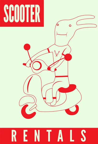 Noleggio scooter poster. Divertente coniglio cartone animato in sella a uno scooter. Illustrazione vettoriale . — Vettoriale Stock