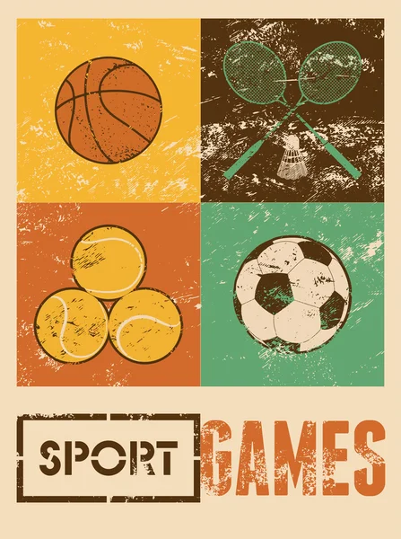 Sportspellen. Typografische grunge retro poster. Basketbal, badminton, voetbal, tennis. Vectorillustratie. — Stockvector