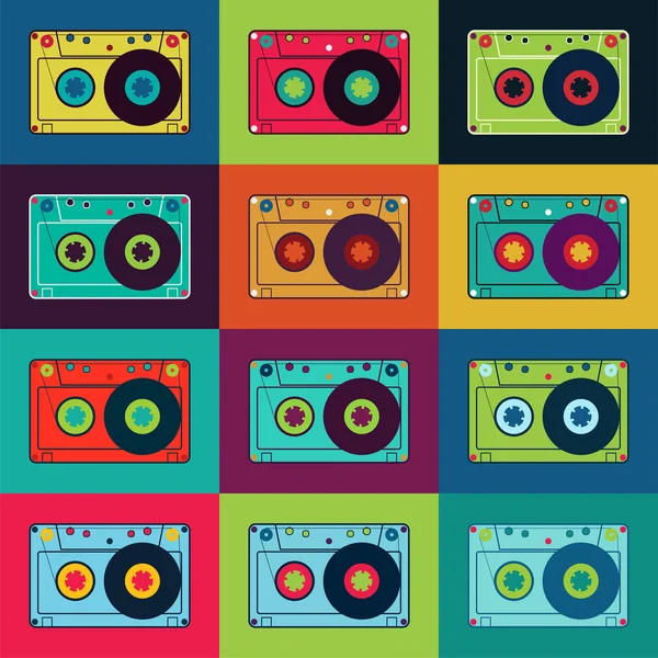 Conjunto de casetes de audio retro. Cartel retro con casetes de colores. Ilustración vectorial . — Archivo Imágenes Vectoriales