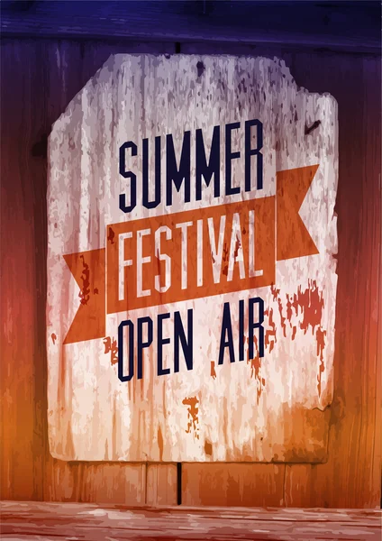 Festival de verano al aire libre cartel. Ilustración vectorial tipográfica retro sobre fondo de madera. Eps 10 . — Vector de stock