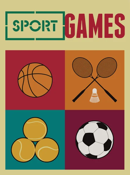 Vintage sport games poster. Basketbal, badminton, voetbal, tennis. Retro vectorillustratie. — Stockvector