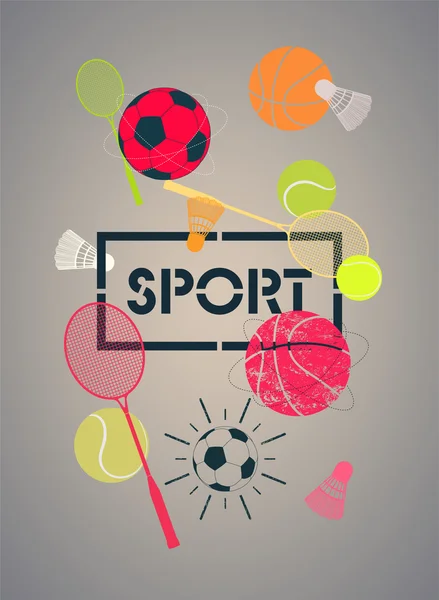 Cartel deportivo con pelotas de baloncesto, balones de fútbol, pelotas de tenis, raquetas y lanzaderas. Ilustración vectorial . — Archivo Imágenes Vectoriales