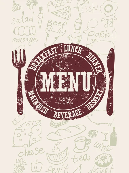 Restaurantmenügestaltung. Typografisches Retro-Poster mit Stempel und handgezeichneten Lebensmitteln. Vektorillustration. — Stockvektor