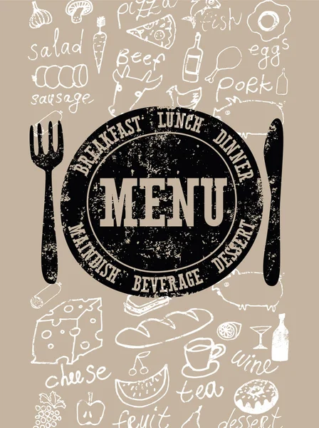 Menu restaurant design. Affiche typographique rétro avec timbre et nourriture dessinée à la main. Illustration vectorielle . — Image vectorielle