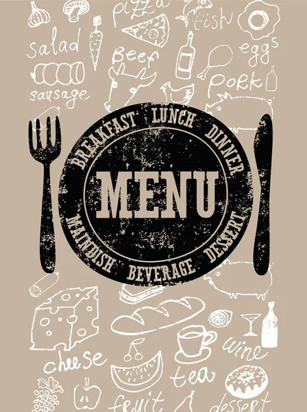 Restaurant menu design. Typographical retro poster with stamp and hand-drawn food. Vector illustration. — Stock Vector