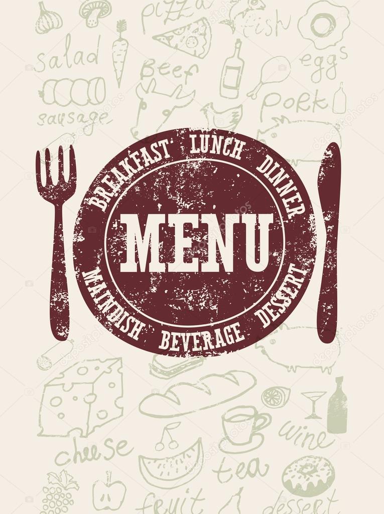 Restaurant menu design. Typographical retro poster with stamp and hand-drawn food. Vector illustration.