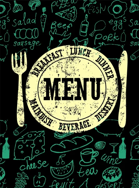 Menu ristorante di design. Poster tipografico retrò con timbro e cibo disegnato a mano. Illustrazione vettoriale . — Vettoriale Stock