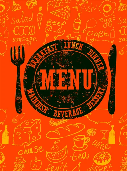 Restaurant menu design. Typographical retro poster with stamp and hand-drawn food. Vector illustration. — Stock Vector