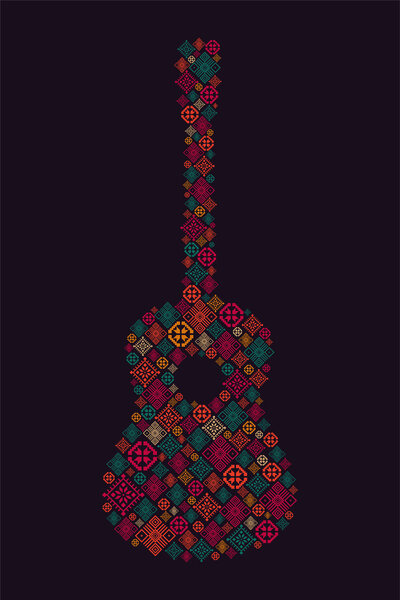 Music poster. Guitar concept made of folk ornament. Vector illustration.