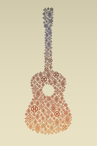 Music poster. Guitar concept made of folk ornament. Vector illustration.