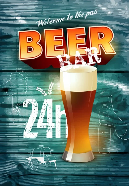 Gerçekçi ahşap arka plan üzerine Vintage grunge tarzı bira bar poster. Vektör çizim.