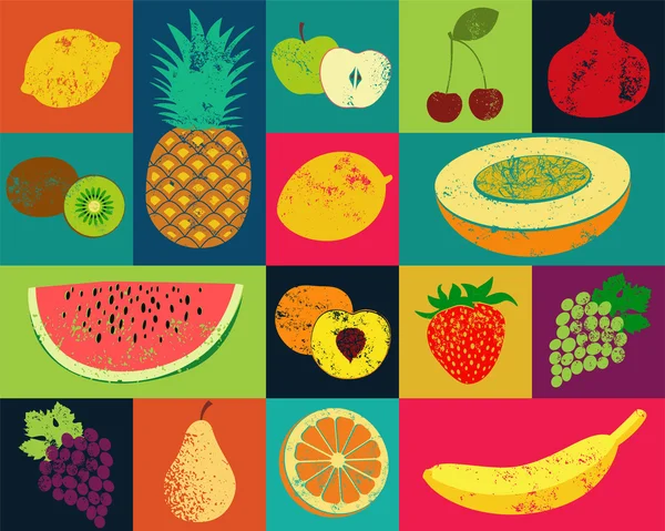 Poster de fruta estilo grunge Pop Art. Coleção de frutas retrô. Conjunto de vetor vintage de frutas . —  Vetores de Stock
