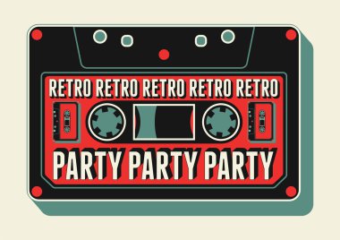 Typographic Retro Party poster design with an audio cassette. Vintage vector illustration. clipart