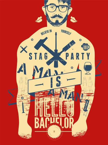 Cartel tipográfico para despedida de soltero "Hello Bachelor!" con el cuerpo tatuado de un hombre. Ilustración vectorial . — Archivo Imágenes Vectoriales