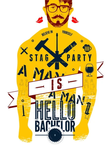 Cartaz tipográfico para a festa de despedida de solteiro "Hello Bachelor!" com o corpo tatuado de um homem. Ilustração vetorial . —  Vetores de Stock