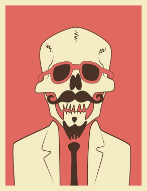 Komik kafatası hipster karakterle bir bıyık ve sakal. Tipografik retro Cadılar Bayramı poster. Vektör çizim.