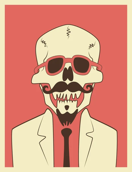 Witzige Totenkopf-Hipster-Figur mit Schnurrbart und Bart. Typografisches Retro-Halloween-Poster. Vektorillustration. — Stockvektor