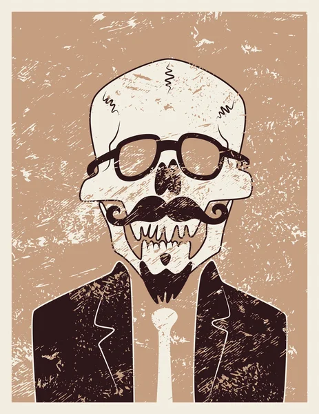 Witzige Totenkopf-Hipster-Figur mit Schnurrbart und Bart. Typografisches Retro-Grunge-Halloween-Poster. Vektorillustration. — Stockvektor