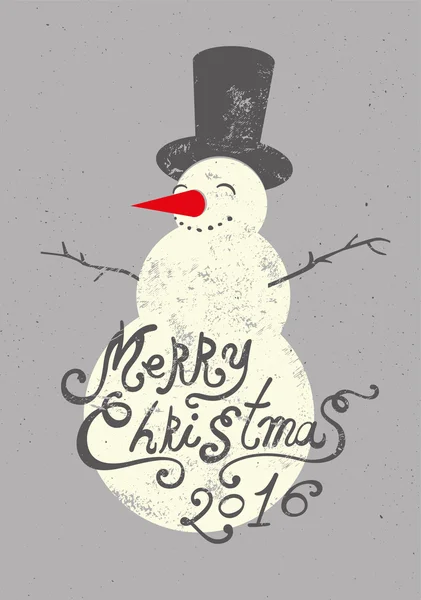 Diseño de tarjeta de felicitación de Navidad retro caligráfica con muñeco de nieve. Grunge vector ilustración . — Archivo Imágenes Vectoriales