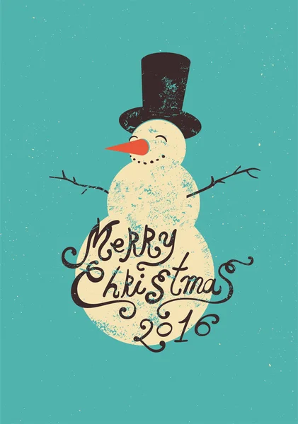 Diseño de tarjeta de felicitación de Navidad retro caligráfica con muñeco de nieve. Grunge vector ilustración . — Archivo Imágenes Vectoriales