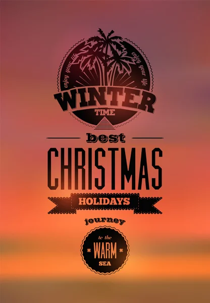 Winter time. Typographic retro Christmas design on blurry sunset background. Vector illustration. Eps 10. — Stock Vector