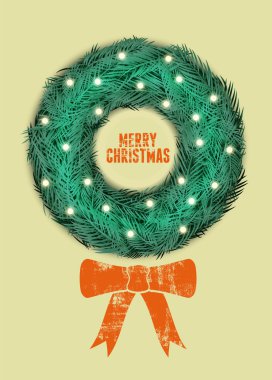 Noel çelenk ile tasarım Noel tebrik kartı. Retro grunge vektör çizim. Eps10.