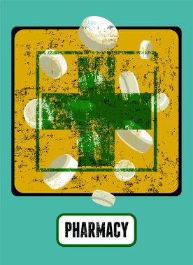 Tipografik retro grunge eczane poster. Vektör çizim.