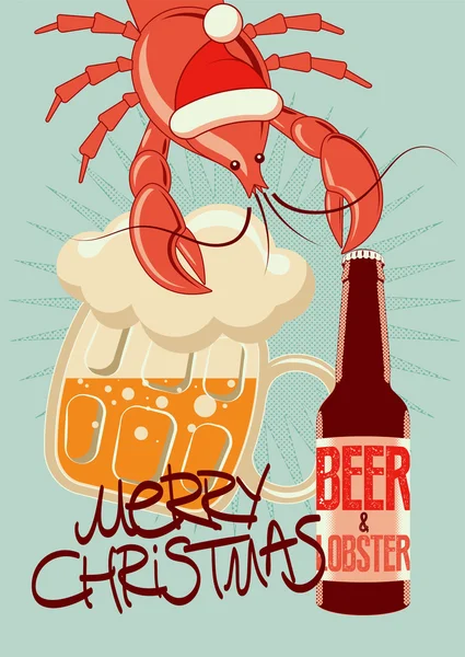 Cartel tipográfico retro de cerveza navideña con Lobster-Santa. Ilustración vectorial . — Archivo Imágenes Vectoriales