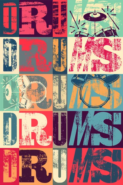 Typografische drums vintage stijl poster. Retro grunge vectorillustratie. — Stockvector