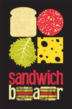 Tipografik retro grunge poster sandviç bar için. Ekmek, peynir, sosis ve salata. Vektör çizim.