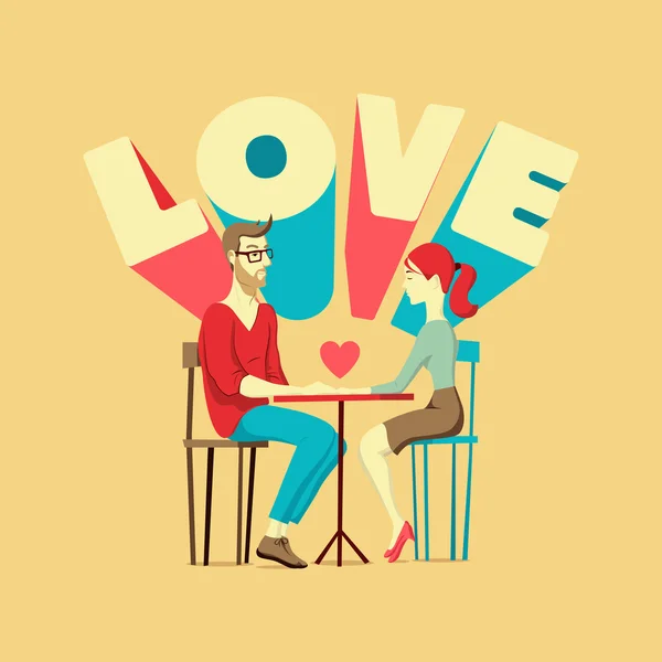 Sevgililer günü kartı. Bir kaç içinde sevgi ile romantik bir sahne. Genç adam ve kadın masada. Vektör çizim.