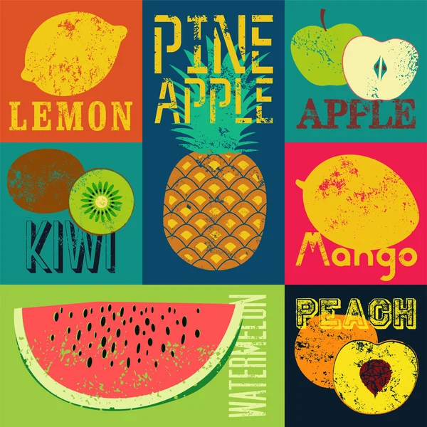 Poster de fruta estilo grunge Pop Art. Coleção de frutas retrô. Conjunto de vetor vintage de frutas . — Vetor de Stock